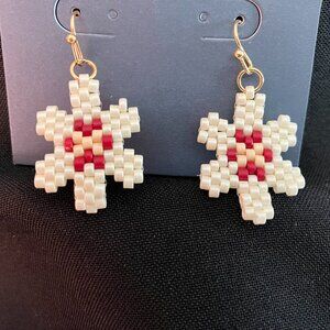 Red/White Beaded Snowflake Shaped Earrings